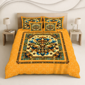Orange Royal Floral Digital Bedsheet Set – 5 Pcs BY AR